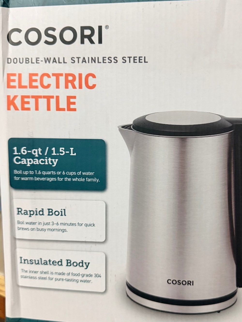 Cosori Stainless Steel Electric Kettle, Plastic-Free Interior